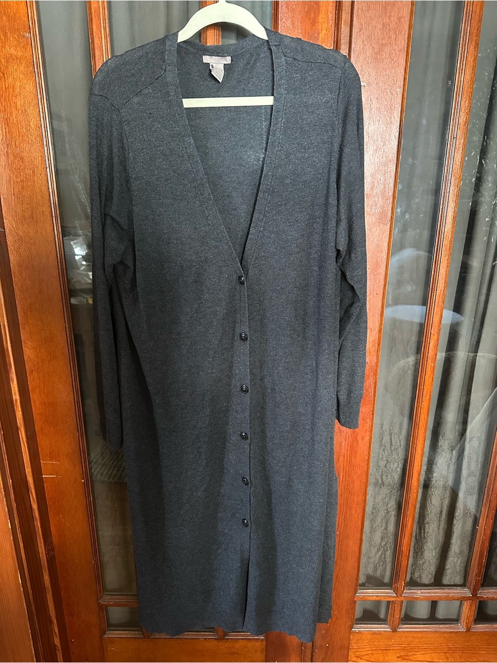 Long Button-Front Knit Duster Cardigan Sweater Dark Charcoal Gray